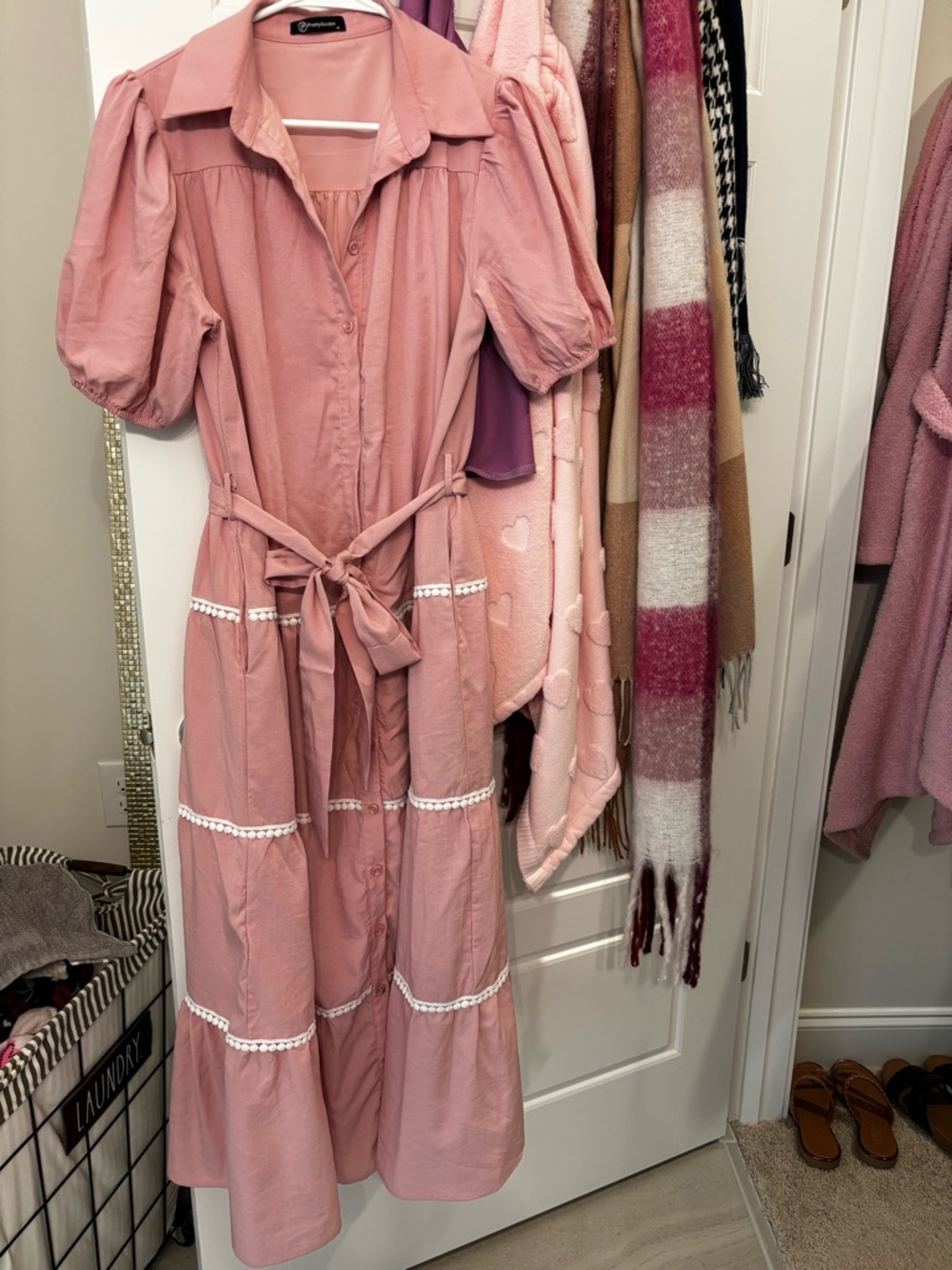 Women's Midi Tie-Waist Puff Sleeve Dress - pink
